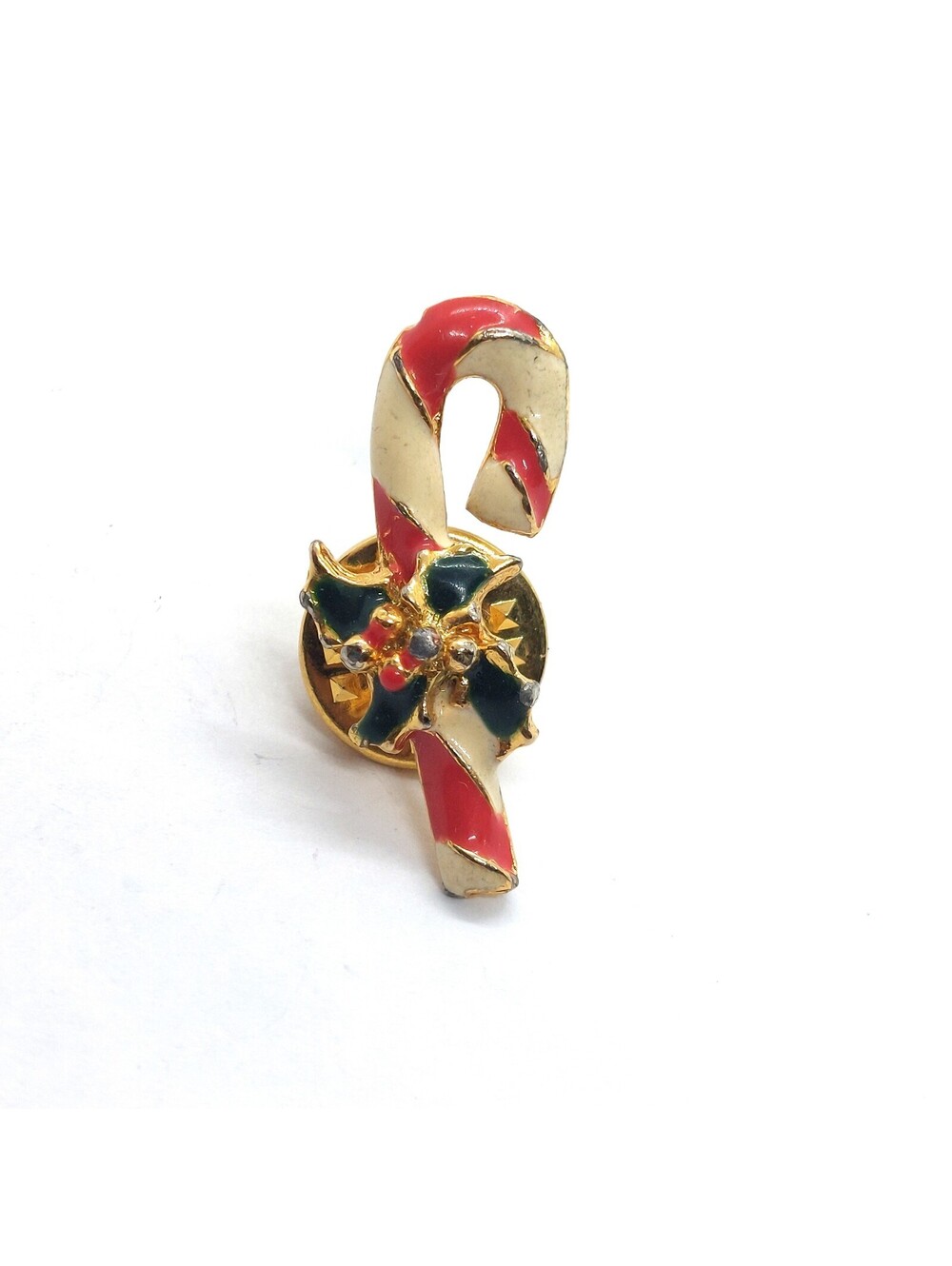 Vintage Candy Cane Pin Christmas Holiday Enamel Holly Berries Striped Lapel
